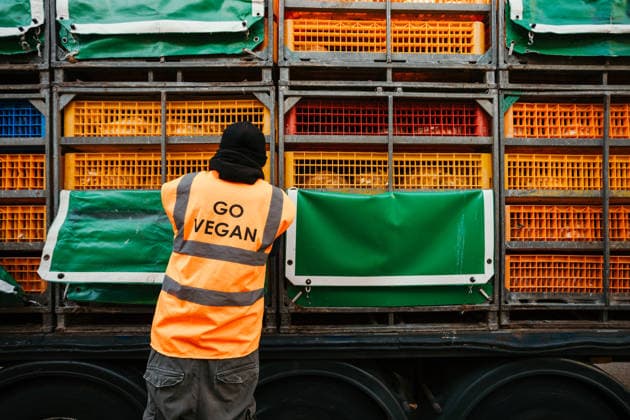 Großbritannien, Tierschützer von East London Chicken Save halten Mahnwache vor Schlachtbetrieb in London