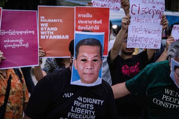 Bangkok, Protest gegen den Besuch von Myanmars Präsident Min Aung Hlaing