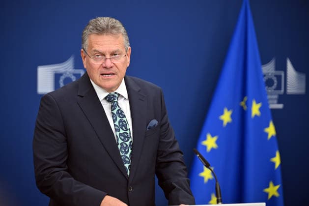 Brüssel, Europäischer Kommissar für Handel und wirtschaftliche Sicherheit Maros Sefcovic Pressekonferenz