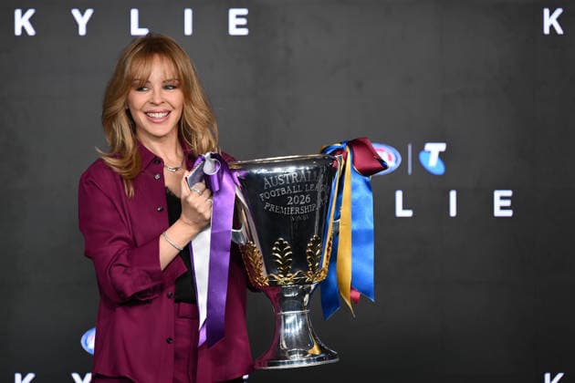Celebrity, Kylie Minogue bei einer Ankündigung zum Unterhaltungsprogramm des AFL-Grand-Finals in Melbourne