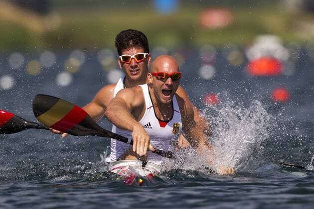 von vorne RAUHE Ronald, EMS Jonas, Deutschland, 8.Platz, Emotional im Ziel, wütend, wut, Kanusprint, Zweier Kajak der Herren 200m K2, Finale, am 11.08.2012. Olympische Sommerspiele 2012 in London vom 27.07. - 12.08.2012 in London Grossbritannien.