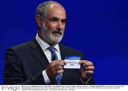 Aug. 27, 2015 - Monaco, Monaco - ANDONI ZUBIZARRETA shows the draw result of FC Barcelona Barca during the UEFA Champions League Draws 2015 - 16 at Grimaldi Forum. Soccer 2015 - UEFA Champions League 2015 - 16 Draw  - ZUMAm119