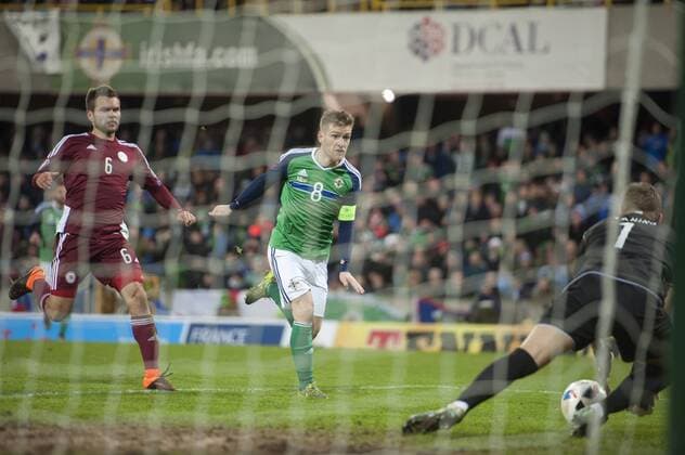 International Friendly Länderspiel Northern Ireland vs Latvia International Friendly Northern Ireland vs Latvia Belfast 13 th November 2015 Northern Ireland captain storms onto the rebound from Latvia Andris Vanins to score the only goal of the game.