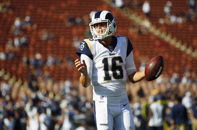 August 12, 2017 - Los Angeles, CA, USA - LOS ANGELES, CA - AUGUST 12, 2017 - Los Angeles Rams quarterback Jerad Goff warms up before a game against the Dallas Cowboys at the Los Angeles Memorial Coliseum. NFL American Football Herren USA Preseason 2017: Rams 13:10 Cowboys - ZUMAs44_ 20170812_zaf_s44_006 Copyright: xK.C.xAlfredx