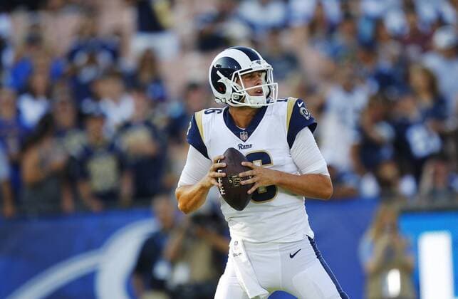 August 12, 2017 - Los Angeles, CA, USA - LOS ANGELES, CA - AUGUST 12, 2017 - Los Angeles Rams quarterback Jerad Goff drops back to pass in the first quarter against the Dallas Cowboys at the Los Angeles Memorial Coliseum. Goff played one series. NFL American Football Herren USA Preseason 2017: Rams 13:10 Cowboys - ZUMAs44_ 20170812_zaf_s44_014 Copyright: xK.C.xAlfredx