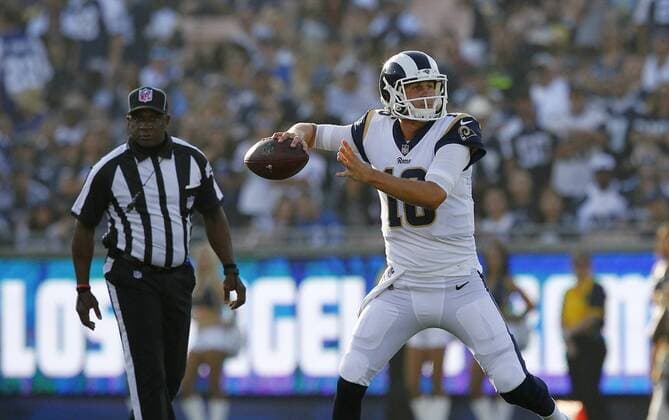 August 12, 2017 - Los Angeles, CA, USA - LOS ANGELES, CA - AUGUST 12, 2017 - Los Angeles Rams quarterback Jerad Goff passes to Cooper Kupp in the first quarter against the Dallas Cowboys at the Los Angeles Memorial Coliseum. Goff played one series. NFL American Football Herren USA Preseason 2017: Rams 13:10 Cowboys - ZUMAs44_ 20170812_zaf_s44_015 Copyright: xK.C.xAlfredx