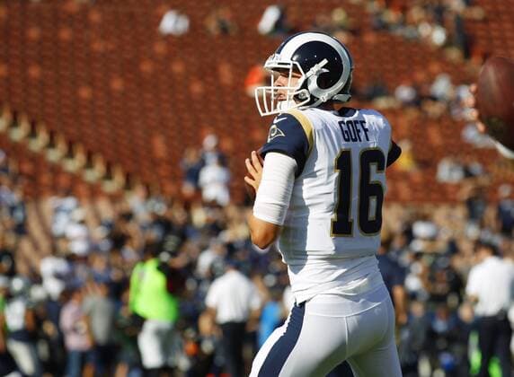 August 12, 2017 - Los Angeles, CA, USA - LOS ANGELES, CA - AUGUST 12, 2017 - Los Angeles Rams quarterback Jerad Goff warms up before a game against the Dallas Cowboys at the Los Angeles Memorial Coliseum. NFL American Football Herren USA Preseason 2017: Rams 13:10 Cowboys - ZUMAs44_ 20170812_zaf_s44_005 Copyright: xK.C.xAlfredx