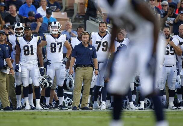August 12, 2017 - Los Angeles, CA, USA - LOS ANGELES, CA - AUGUST 12, 2017 - Los Angeles Rams coach Sean McVay looks on during a game against the Dallas Cowboys at the Los Angeles Memorial Coliseum. NFL American Football Herren USA Preseason 2017: Rams 13:10 Cowboys - ZUMAs44_ 20170812_zaf_s44_030 Copyright: xK.C.xAlfredx