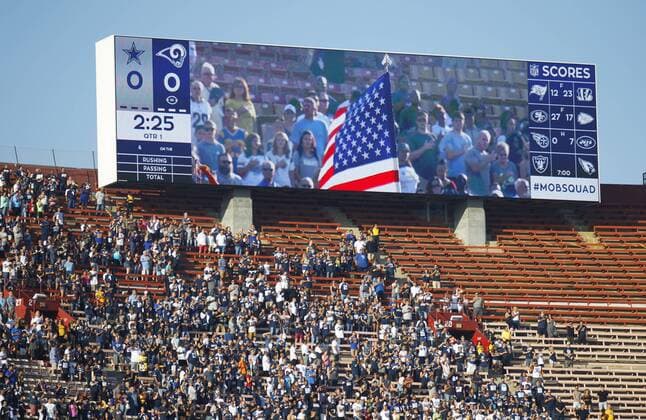 August 12, 2017 - Los Angeles, CA, USA - LOS ANGELES, CA - AUGUST 12, 2017 - New video boards have been installed on the both sides Los Angeles Memorial Coliseum, shown here during the Rams-Cowboys game. NFL American Football Herren USA Preseason 2017: Rams 13:10 Cowboys - ZUMAs44_ 20170812_zaf_s44_032 Copyright: xK.C.xAlfredx