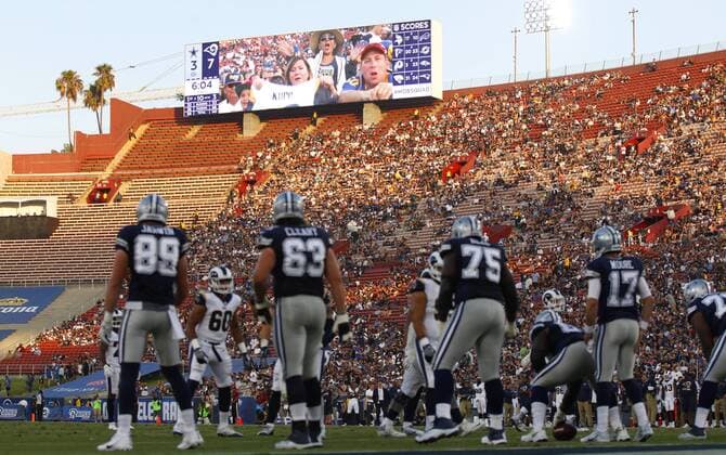 August 12, 2017 - Los Angeles, CA, USA - LOS ANGELES, CA - AUGUST 12, 2017 - New video boards have been installed on the both sides Los Angeles Memorial Coliseum, shown here during the Rams-Cowboys game. NFL American Football Herren USA Preseason 2017: Rams 13:10 Cowboys - ZUMAs44_ 20170812_zaf_s44_033 Copyright: xK.C.xAlfredx