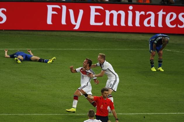 RIO DE JANEIRO , 13-07-2014 , World Cup 2014 , Wereldkampioenschap Voetbal in Brazilie, Maracana stadion , WK finale Duitsland - Argentinie , Mario Goetze en Andre Schuerrle na de 1-0 duitsland - argentinie