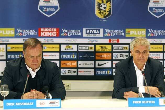 ARNHEM - Vitesse - PSV , Voetbal KNVB beker , seizoen 2012-2013 , 09-02-2012 , stadion Gelredome , PSV Eindhoven trainer Dick Advocaat (l) met Vitesse trainer Fred Rutten (r). vitesse - psv