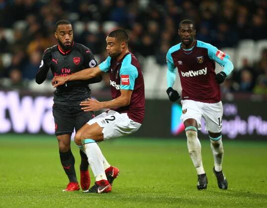 December 13, 2017 - London, United Kingdom - L-R Arsenal s Alexandre Lacazette and West Ham United s Winston Reid in action during Premier League match between West Ham United against Arsenal at The London Stadium, Queen Elizabeth II Olympic Park, London, Britain - 13 Dec 2017 West Ham United v Arsenal - Premier League  - ZUMAn230 20171213_zaa_n230_524 Copyright: xKieranxGalvinx