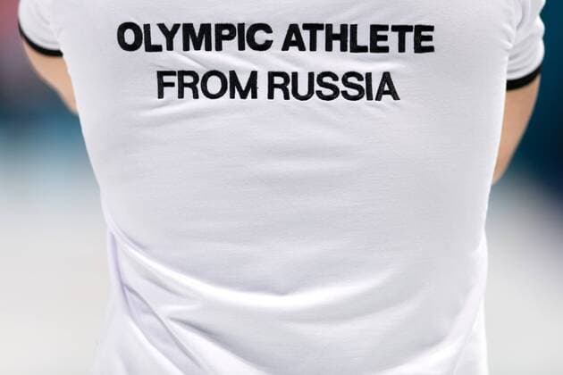PyeongChang 2018 - Highlights der Olympischen Spiele Themen der Woche - SPORT Bilder des Tages - SPORT 180208 The back of a national shirt for the Olympic Athletes of Russia during the round robin of the curling mixed doubles ahead of the 2018 Winter Olympics on February 8, 2018 in Pyeongchang. Photo: Carl Sandin BILDBYRN kod CS 57999_273 Copyright: CARLxSANDIN BB180208CS027