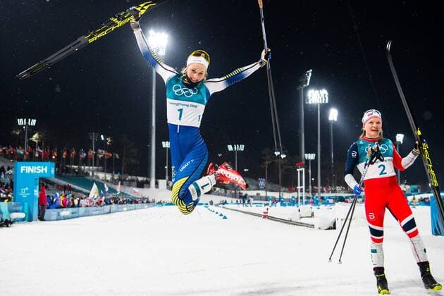 Themen der Woche - SPORT 180213 Stina Nilsson of Sweden, gold, celebrates after the womenÕs classic sprint semi finals during day four of the 2018 Winter Olympics on February 13, 2018 in Pyeongchang. Photo: Carl Sandin BILDBYRN kod CS 57999_288 Copyright: CARLxSANDIN BB180213CS228