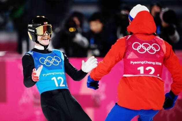 PyeongChang 2018 - Highlights der Olympischen Spiele Olympia-Bilder des Tages - SPORT PyeongChang 2018, Skispringen, Norwegen ist Olympiasieger im Teamspringen 180219 Robert Johansson and Daniel Andre Tande of Norway celebrate after winning the Men s Team Ski jumping Skispringen Ski nordisch during day ten of the 2018 Winter Olympics on February 19, 2018 in Pyeongchang. Photo: Carl Sandin BILDBYRAN kod CS 57999_308 Copyright: CARLxSANDIN BB180219CS164