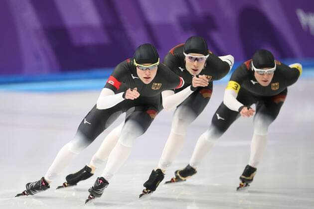 Germany (no order:) Roxanne Dufter, Gabriele Hirschbichler and Claudia Pechstein during ladies Speed skating Eisschnelllauf team pursuit m at 2018 Olympic Games Olympische Spiele Olympia OS in Pyeongchang; 21 02 2018 -