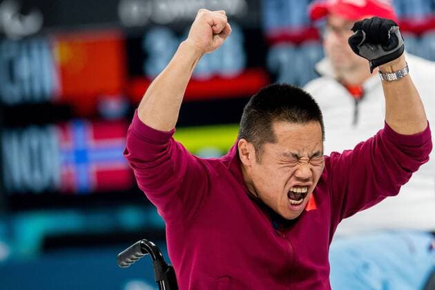 Themen der Woche - SPORT Bilder des Tages - SPORT 180317 Wei Liu of China celebrates during the wheelchair curling final match between China and Norway during day eight of the 2018 Winter Paralympics on March 17, 2018 in Pyeongchang. Photo: Vegard Wivestad Gr¿tt BILDBYRN kod VG 170135 Copyright: VEGARDxWIVESTADxGR¯TT BB180317BB095