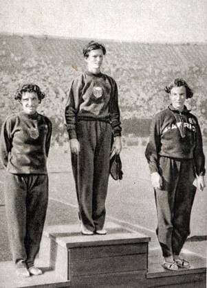 80m Hurdles podium at the 1932 Olympic Games Olympische Spiele Olympia OS Mildred Ella Babe Didrikson Zaharias (1911 - 1956) took gold for the USA. Evelyne Ruth Hall (1909 - 1993) took silver for the USA. Marjorie Rees Clark (1909 - 1993) took bronze for South Africa. 82514302st