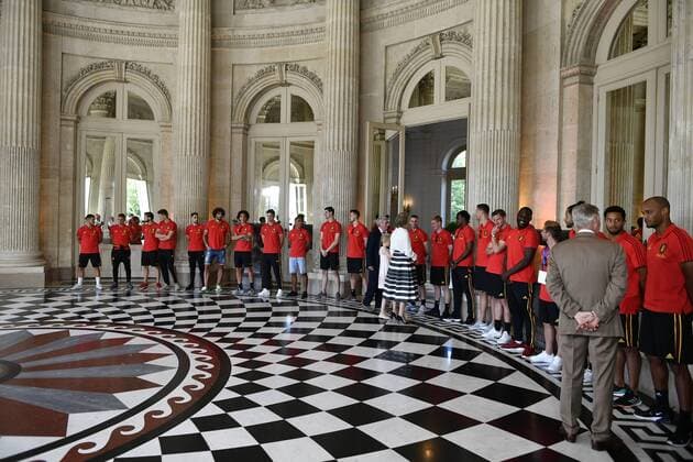 Queen Mathilde of Belgium and King Philippe - Filip of Belgium congratulate Red Devils players at the Royal castle in Laken - Laeken, as Belgian national soccer team Red Devils are received by Royal couple after the presence in the semi-final of the soccer World cup in Russia, Sunday 15 July 2018. ERICxLALMAND  x05386475x