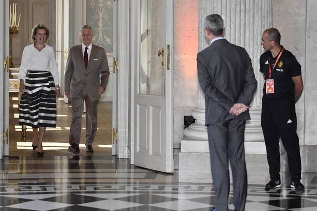 Queen Mathilde of Belgium and King Philippe - Filip of Belgium arrive and Belgium s head coach Roberto Martinez stands at the Royal castle in Laken - Laeken, as Belgian national soccer team Red Devils are received by Royal couple after the presence in the semi-final of the soccer World cup in Russia, Sunday 15 July 2018. ERICxLALMAND  x05386508x