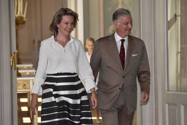 Queen Mathilde of Belgium and King Philippe - Filip of Belgium arrive at the Royal castle in Laken - Laeken, as Belgian national soccer team Red Devils are received by Royal couple after the presence in the semi-final of the soccer World cup in Russia, Sunday 15 July 2018. ERICxLALMAND  x05386509x