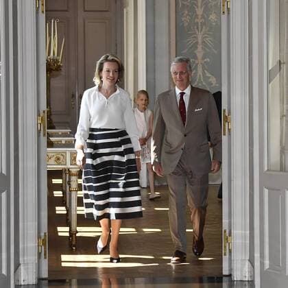 Queen Mathilde of Belgium and King Philippe - Filip of Belgium arrive followed by Princess Eleonore at the Royal castle in Laken - Laeken, as Belgian national soccer team Red Devils are received by Royal couple after the presence in the semi-final of the soccer World cup in Russia, Sunday 15 July 2018. ERICxLALMAND  x05386514x