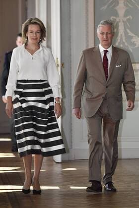 Queen Mathilde of Belgium and King Philippe - Filip of Belgium arrive at the Royal castle in Laken - Laeken, as Belgian national soccer team Red Devils are received by Royal couple after the presence in the semi-final of the soccer World cup in Russia, Sunday 15 July 2018. ERICxLALMAND  x05386507x