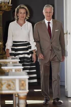 Queen Mathilde of Belgium and King Philippe - Filip of Belgium arrive at the Royal castle in Laken - Laeken, as Belgian national soccer team Red Devils are received by Royal couple after the presence in the semi-final of the soccer World cup in Russia, Sunday 15 July 2018. ERICxLALMAND  x05386515x