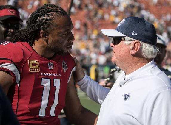 September 16, 2018 - Los Angeles, California, U.S - Defensive coordinator, Wade Phillips of the Los Angeles Rams with 11 Larry Fitzgerald, WR of the Arizona Cardinals after their game on Sunday September 16, 2018 at the Los Angeles Coliseum in Los Angeles, California. Rams defeat Cardinals, 34-0. LA Rams vs. Arizona Cardinals - ZUMAp124 20180916_zaa_p124_045 Copyright: xJavierxRojasx