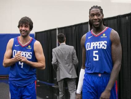 September 24, 2018 - Los Angeles, California, U.S - (L)Milos Teodosic 4 and Montrezl Harrell 5 of the L.A. Clippers during Media Day on Monday September 24, 2018 at the L.A. Clippers training facility in Los Angeles, California. L.A. Clippers Media Day 2018 - ZUMAp124 20180924_zaa_p124_119 Copyright: xArianaxRuizx