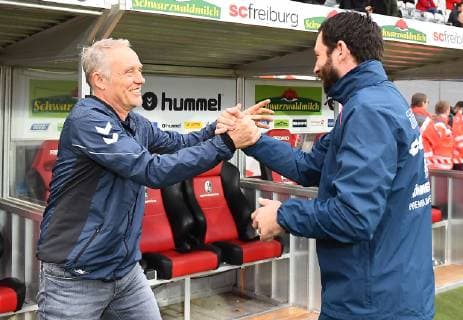 10.11.2018, xjhx, Fussball 1.Bundesliga, SC Freiburg - FSV Mainz 05 emspor, v.l. Trainer Christian Streich (SC Freiburg), Trainer Sandro Schwarz (FSV Mainz 05) (DFL DFB REGULATIONS PROHIBIT ANY USE OF PHOTOGRAPHS as IMAGE SEQUENCES and or QUASI-VIDEO) Freiburg