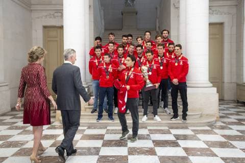Queen Mathilde of Belgium and King Philippe - Filip of Belgium pictured during a reception to honour the new hockey world champions, the Belgian Red Lions team, in the Royal castle in Laken - Laeken, Tuesday 18 December 2018. Red Lions won 3-2 the final against The Netherlands in India last last Sunday. HATIMxKAGHAT  x05492969x