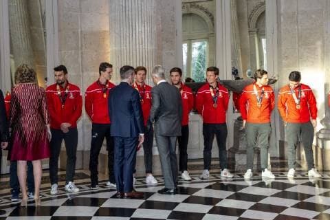 Queen Mathilde of Belgium and King Philippe - Filip of Belgium greet the Red Lions Belgian hockey players, during a reception to honour the new hockey world champions, the Belgian Red Lions team, in the Royal castle in Laken - Laeken, Tuesday 18 December 2018. Red Lions won 3-2 the final against The Netherlands in India last last Sunday. HATIMxKAGHAT  x05493028x