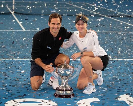 Sport Themen der Woche KW01 Sport Bilder des Tages L-R. Sieger Belinda Bencic und Roger Federer, Mixed Doubles Siegerehrung, Praesentation Tennis - Hopman Cup 2019 - ITF - RAC Arena - Perth - Western Australia - Australia - 5 January 2019. Â Copyright: xJuergenxHasenkopfx