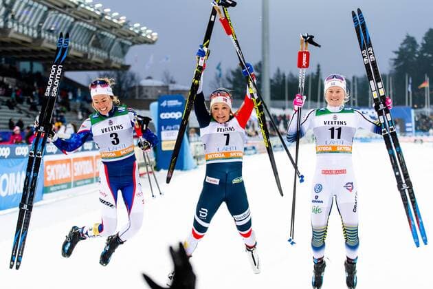 Sport Themen der Woche KW06 Sport Bilder des Tages 190209 Sophie Caldwell of USA, Maiken Caspersen Falla of Norway and Maja Dahlqvist of Sweden celebrates after the women s sprint quarter finale during the FIS Cross-Country World Cup on February 9, 2019 in Lahti. Photo: Johanna Lundberg BILDBYRN 135946 Copyright: JOHANNAxLUNDBERG BB190209BB391