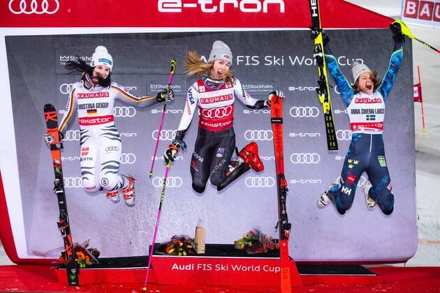Sport Themen der Woche KW08 Sport Bilder des Tages 190219 Christina Geiger of Germany, Mikaela Shiffrin of USA and Anna Swenn-Larsson of Sweden celebrates on the podium after the FIS alpine world cup city event on February 19, 2019 in Stockholm. Copyright: DANIELxSTILLER BB190219DS040
