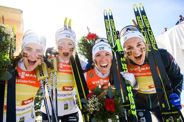 Sport Themen der Woche KW09 Sport Bilder des Tages 190228 Ebba Andersson, Frida Karlsson, Charlotte Kalla and Stina Nilsson of Sweden celebrates after women s 4 x 5km relay during the FIS Nordic World Ski Championships on February 28, 2019 in Seefeld in Tirol. Photo: Joel Marklund BILDBYRAN kod JM 87902 Copyright: JOELxMARKLUND BB190228JM041