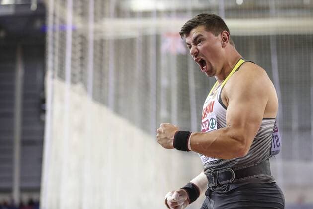 Sport Themen der Woche KW09 Sport Bilder des Tages European Athletics Indoor Championships, Glasgow 2019 Freude bei David Storl (GER) - European Athletics Indoor Championships, Glasgow 2019 01.03.19 Emirates Arena Glasgow, Scotland (United Kingdom).