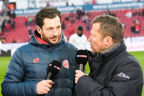 09.03.2019, xpsx, Fussball 1.Bundesliga, 1.FSV Mainz 05 - Borussia Moenchengladbach v.l. Sandro Schwarz (Trainer 1. FSV Mainz 05), Lothar Matthaeus, Sky (DFL DFB REGULATIONS PROHIBIT ANY USE OF PHOTOGRAPHS as IMAGE SEQUENCES and or QUASI-VIDEO) Foto Jan Huebner Scheiber Mainz