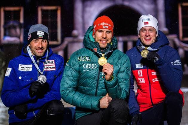 Sport Themen der Woche KW11 Sport Bilder des Tages 190313 Vladimir Iliev of Bulgaria, Arnd Peiffer of Germany and Tarjei Bo of Norway celebrates at the medal ceremony for the Men s 20 km Individual during the IBU World Championships Biathlon on March 13, 2019 in Östersund. Photo: Petter Arvidson BILDBYRAN kod PA 92264 Copyright: PETTERxARVIDSON BB190313PA173