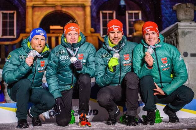 Sport Themen der Woche KW11 Sport Bilder des Tages 190316 Erik Lesser, Roman Rees, Arnd Peiffer and Benedikt Doll of Germany, celebrate during the medal ceremony for the Men s 4x7,5 km Relay during the IBU World Championships Biathlon on March 16, 2019 in Östersund. Photo: Petter Arvidson BILDBYRAN kod PA 92270 Copyright: PETTERxARVIDSON BB190316PA193