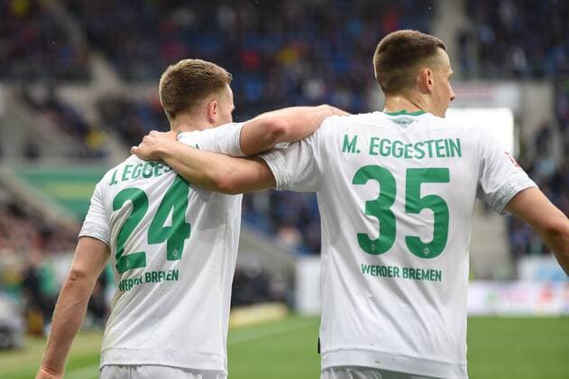 Sport Themen der Woche KW19 Sport Bilder des Tages 11.05.2019, xmeix, Fussball, 1. Bundesliga, TSG 1899 Hoffenheim - SV Werder Bremen, emspor, v.l. Jubel zum0:1 fuer Bremen durch Johannes Eggestein (SV Werder Bremen) mit Maximilian Eggestein (SV Werder Bremen) DFL regulations prohibit any use of photographs as image sequences and or quasi-video. Sinsheim