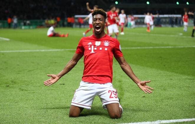 Fußball, DFB-Pokalfinale 2018 2019, RB Leipzig - FC Bayern München RB Leipzig - Bayern Muenchen Fussball DFB Pokal Finale Berlin, 25.05.2019, Olympiastadion, Fussball, DFB-Pokal, Finale. , RB Leipzig vs. FC Bayern München , Tor für Bayern. Im Bild: Kingsley Coman (29,Bayern) bejubelt seinen Treffer zum 0:2. , DFB regulations prohibit any use of photographs as image sequences and or quasi-video. ,