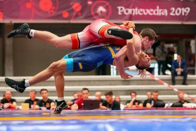 Sport Themen der Woche KW23 Sport Bilder des Tages Juniors Wrestling European Championships 2019 Pontevedra, Spain 03.06.2019 Juniors Wrestling European Championships Greco Roman Style: 77kg Kevin Gremm (red GER) vs. Mats Ola Lukas AHLGREN (blue SWE)