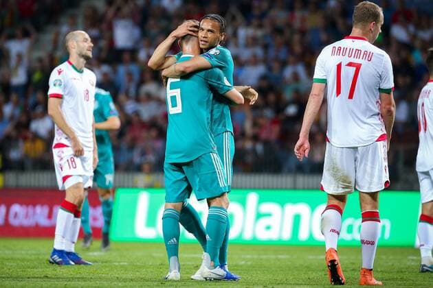 Sport Themen der Woche KW23 Sport Bilder des Tages Fußball, EM Quali, Weißrussland - Deutschland Leroy Sane (Deutschland) (rechts re.) jubelt nach seinem Tor zum 0:1 mit Joshua Kimmich (Deutschland) (links li.) DFB regulations prohibit any use of photographs as image sequences and or quasi-video. BLR, Fussball, EM - Qualifikation, Weissrussland - Deutschland, 08.06.2019 Borissow Copyright: xTomxWellerx xEibner-Pressefotox EP_eer