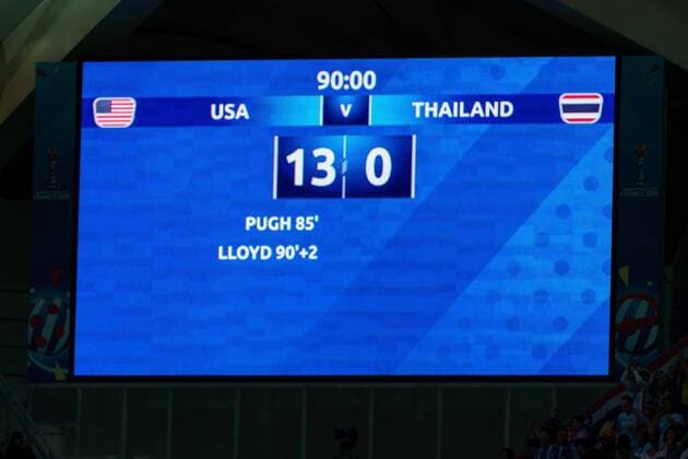 IMAGO Iconic Moments, Fußball - Frauen Sport Themen der Woche KW24 Sport Bilder des Tages Reims, France 11.06.2019, FIFA Fussball-Weltmeisterschaft 2019 der Frauen, Gruppe F, 1. Spieltag, USA - Thailand, Anzeigetafel nach dem 13:0 , ( Defodi-01001214902