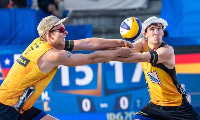 Sport Themen der Woche KW26 Sport Bilder des Tages FIVB Beach volleyball, Beachvolleyball World Championships Hamburg 2019; 29.06.2019 Nils Ehlers (GER), Lars Flueggen (GER); FIVB Beach Volleyball World Championships Hamburg 2019 am 29.06.2019, Hamburg.