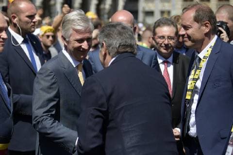 King Philippe - Filip of Belgium pictured at a ceremony on the Grand Place - Grote Markt square in the city centre of Brussels to mark the start of of the 106th edition of the Tour de France cycling race, 194,5km from and to Brussels, Belgium, Saturday 06 July 2019. This year s Tour de France starts in Brussels and takes place from July 6th to July 28th. YORICKxJANSENS  x05620668x