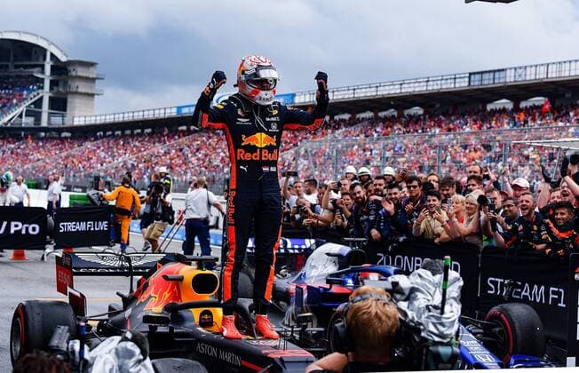 Sport Themen der Woche KW30 Sport Bilder des Tages 28.07.2019, xpsx, Motorsport FIA Formel 1, Mercedes Benz Großer Preis von Deutschland 2019 Rennen v.l. Sieger, Jubel Max Verstappen (Aston Martin Red Bull Racing 33 NED) Hockenheim